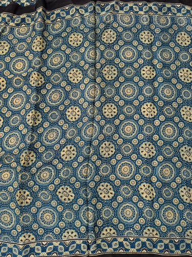 Ajrakh hand block printed modal silk saree | Blue & Green | Ships from California